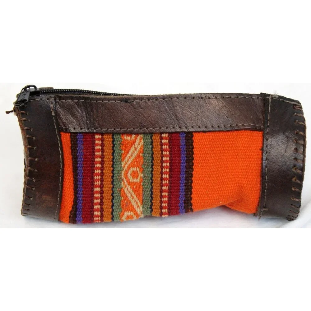 Peruvian Peru Pencil Stationary Case Cylinder Woven Native Blanket Leather Pouch